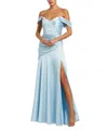 Mac Duggal Hard Satin Off The Shoulder Crossover Gown In French Blue