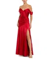 MAC DUGGAL HARD SATIN OFF THE SHOULDER CROSSOVER GOWN