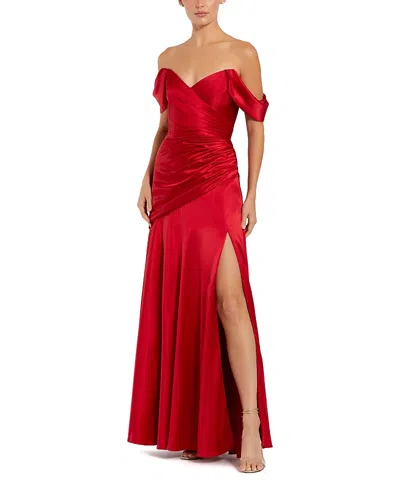 MAC DUGGAL HARD SATIN OFF THE SHOULDER CROSSOVER GOWN