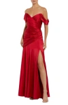 MAC DUGGAL MAC DUGGAL HARD SATIN OFF THE SHOULDER CROSSOVER GOWN