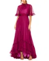 Mac Duggal Ruffle High Neck Flutter Sleeve A-line Gown