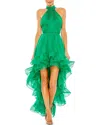Mac Duggal Halter Neck Tiered Ruffle High Low Dress