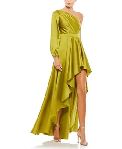 Mac Duggal High Low One Shoulder Flowy Gown In Chartreuse