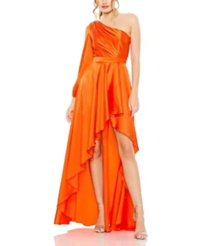 Mac Duggal High Low One Shoulder Flowy Gown In Orange