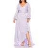 Mac Duggal Striped Faux Wrap Bishop Sleeve Gown In Purple