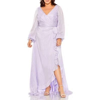 MAC DUGGAL MAC DUGGAL HIGH-LOW RUFFLE HEM DRESS WITH V-NECK & SEMI-SHEER LONG SLEEVES