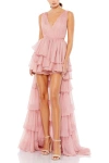 Mac Duggal High Low Tiered Gown With Built In Bodysuit In Pink