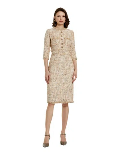 MAC DUGGAL MAC DUGGAL HIGH NECK 3/4 SLEEVE BEADED TRIM MIDI DRESS