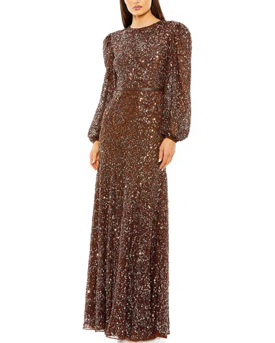Mac Duggal High Neck Bishop Sleeve Beaded A Line Gown In Burgundy