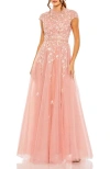 Mac Duggal High Neck Cap Sleeve Embellished A Line Gown In Rose