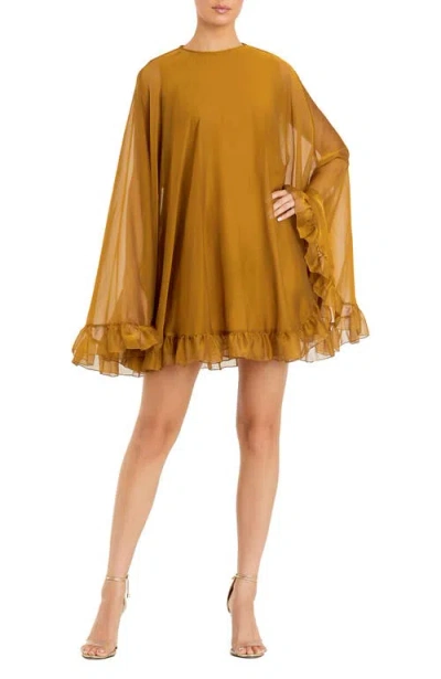 Mac Duggal High Neck Cape Mini Dress With Ruffle Hem In Gold