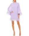 Mac Duggal High Neck Cape Sleeve Mini Dress With Feather Trim In Purple