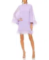 Mac Duggal High Neck Cape Sleeve Mini Dress With Feather Trim In Lilac