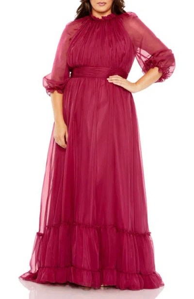Mac Duggal High-neck Chiffon Dress With Puff Sleeves And Ruffle Tiered Skirt In Red