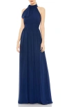 Mac Duggal Bejeweled Neckline Pleated Chiffon Gown Dress In Navy In Midnight