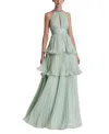 Mac Duggal High Neck Chiffon Tiered Gown With Cut Out In Mint