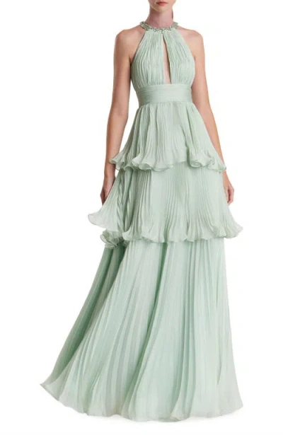 MAC DUGGAL MAC DUGGAL BEADED HIGH-NECK CHIFFON GOWN WITH KEYHOLE CUT-OUT & RUFFLE TIERED SKIRT
