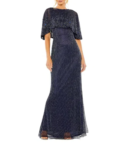 Mac Duggal High Neck Column Gown With Embellished Cape In Midnight