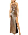 Mac Duggal High-neck Crystal Detail Metallic Slit Gown In Yellow
