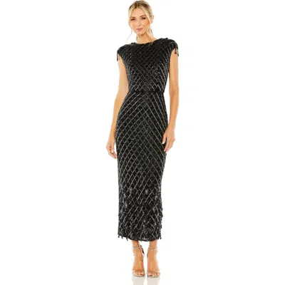 MAC DUGGAL MAC DUGGAL FRINGE DETAILED HIGH NECK CAP SLEEVE MIDI DRESS