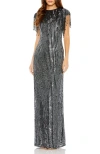 Mac Duggal High Neck Embellished Fringe Gown In Black