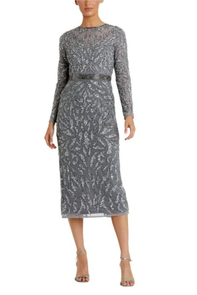 Mac Duggal High Neck Embellished Illusion Sheath Dress In Platinum