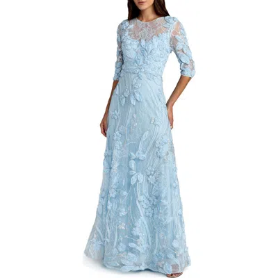 Mac Duggal High Neck Embellished Lace Gown With 3/4 Sleeves In Blue