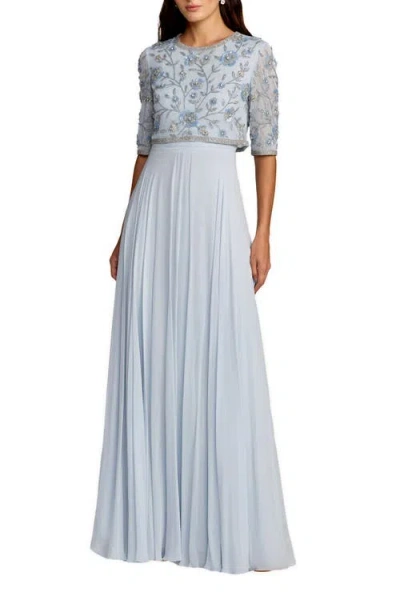 Mac Duggal High Neck Embellished Top With Chiffon Skirt Gown In Blue