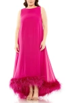 Mac Duggal High Neck Feather Hem Plus Size Gown In Pink