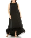 Mac Duggal High Neck Feather Hem Plus Size Gown In Black