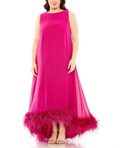 Mac Duggal High Neck Feather Hem Plus Size Gown In Fuchsia