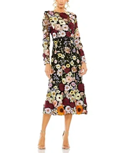 Mac Duggal Hand Stitched Floral Embellished High Neck A-line Dress In Black Multi