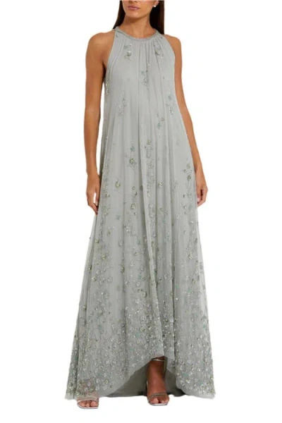 Mac Duggal High Neck Floral Embellished Mesh Trapeze Gown In Gray