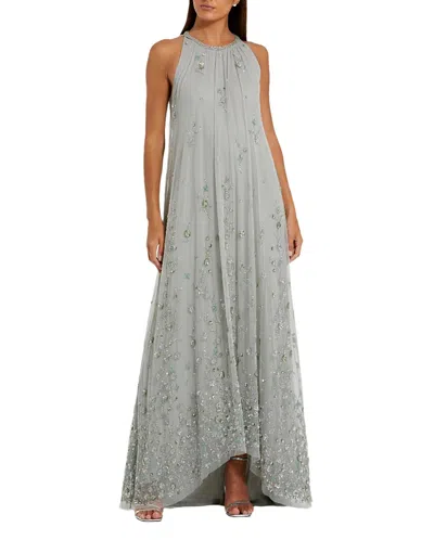 Mac Duggal High Neck Floral Embellished Mesh Trapeze Gown In Gray
