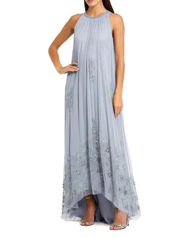 Mac Duggal High Neck Floral Embellished Trapeze Gown In Blue