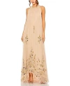 Mac Duggal High Neck Embellished Trapeze Gown In Nude Gold