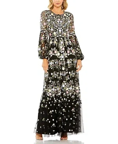 MAC DUGGAL HIGH NECK FLORAL EMBROIDERED PUFF SLEEVE GOWN
