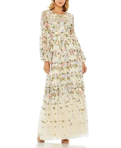 Mac Duggal High Neck Floral Embroidered Puff Sleeve Gown In Ivory