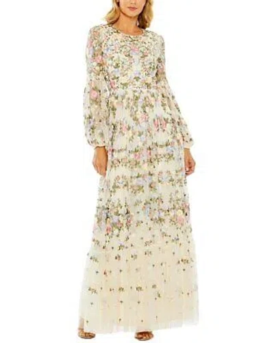 Pre-owned Mac Duggal High Neck Floral Embroidered Puff Sleeve Gown Women's In White