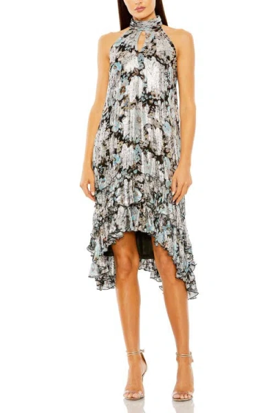 Mac Duggal High Neck Keyhole A-line Floral Ruffle Mini Dress In Black