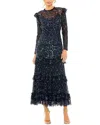 Mac Duggal High Neck Flutter Cap Long Sleeve Tiered Embellish