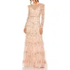 Mac Duggal High Neck Flutter Cap Long Sleeve Tiered Embellish In Blush