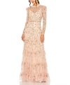 Mac Duggal High Neck Flutter Cap Long Sleeve Tiered Embellish In Blush