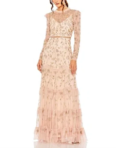 Mac Duggal High Neck Flutter Cap Long Sleeve Tiered Embellish In Blush