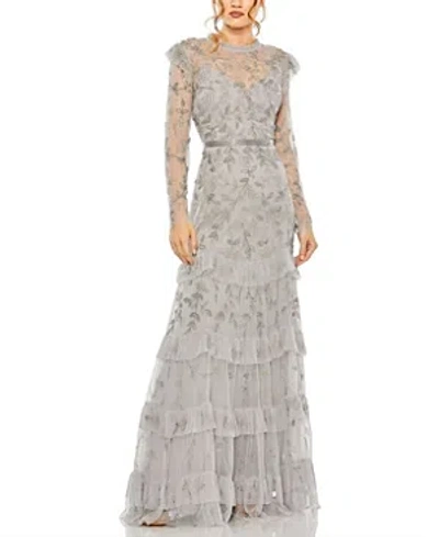 MAC DUGGAL HIGH NECK FLUTTER CAP LONG SLEEVE TIERED EMBELLISHED GOWN