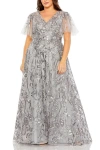 Mac Duggal Plus High Neck Flutter Sleeve Embellished A-line Gown In Silver