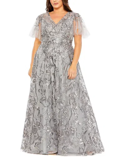 Mac Duggal High Neck Flutter Sleeve Embellished A-line Gown In Silver