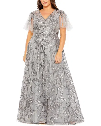 Mac Duggal High Neck Flutter Sleeve Embellished A-line Gown In Platinum