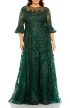 Mac Duggal High Neck Flutter Sleeve Embroidered A Line Gown In Green