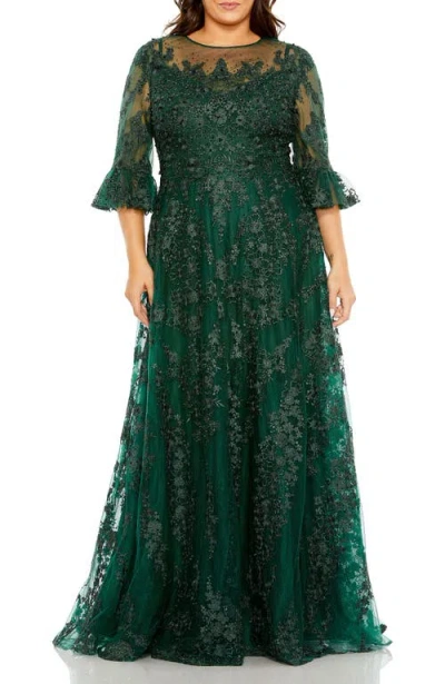 Mac Duggal High Neck Flutter Sleeve Embroidered A Line Gown In Green